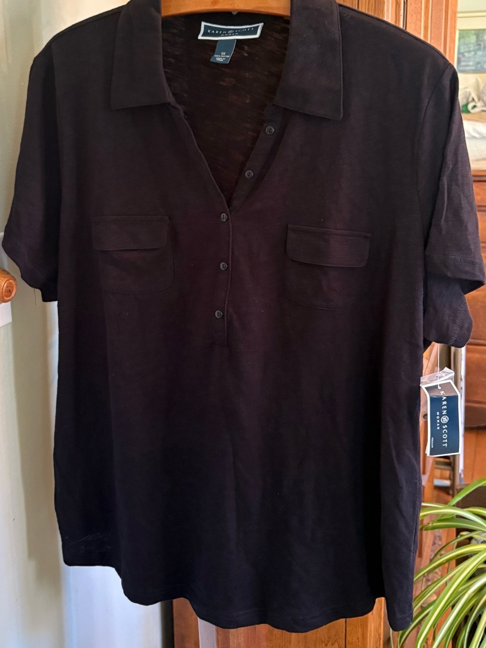 Karen Scott Black Knit Polo Top with Button Placket and two front pockets
